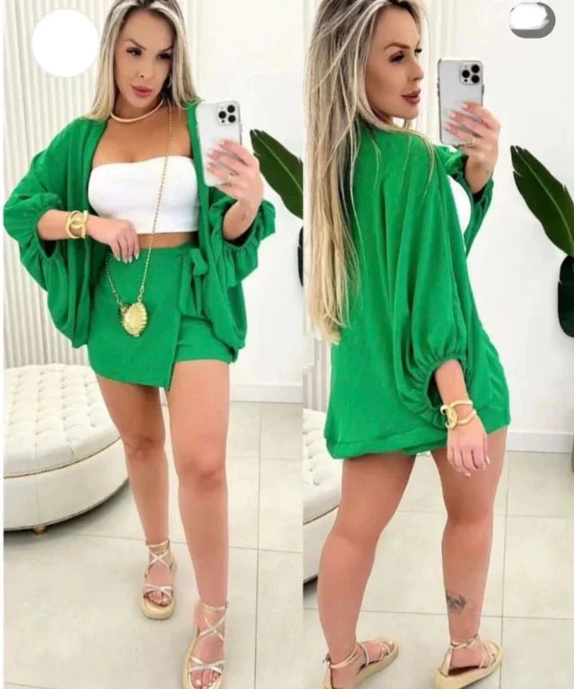 Conjunto feminino cropped e saia com kimono